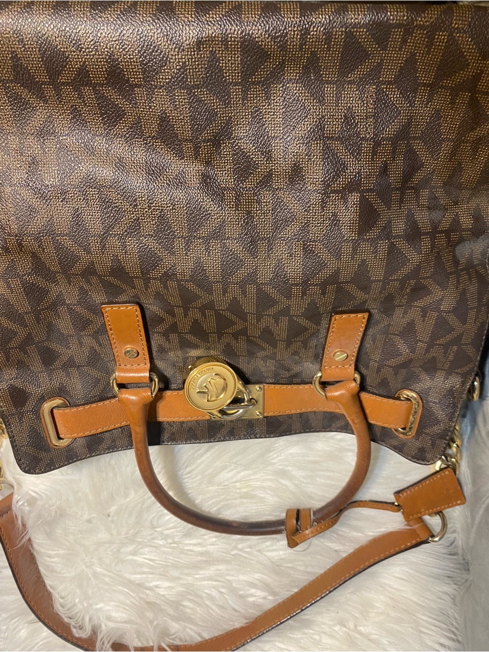 Michael Kors Brown and Tan Logo Satchel with Gold Hardware